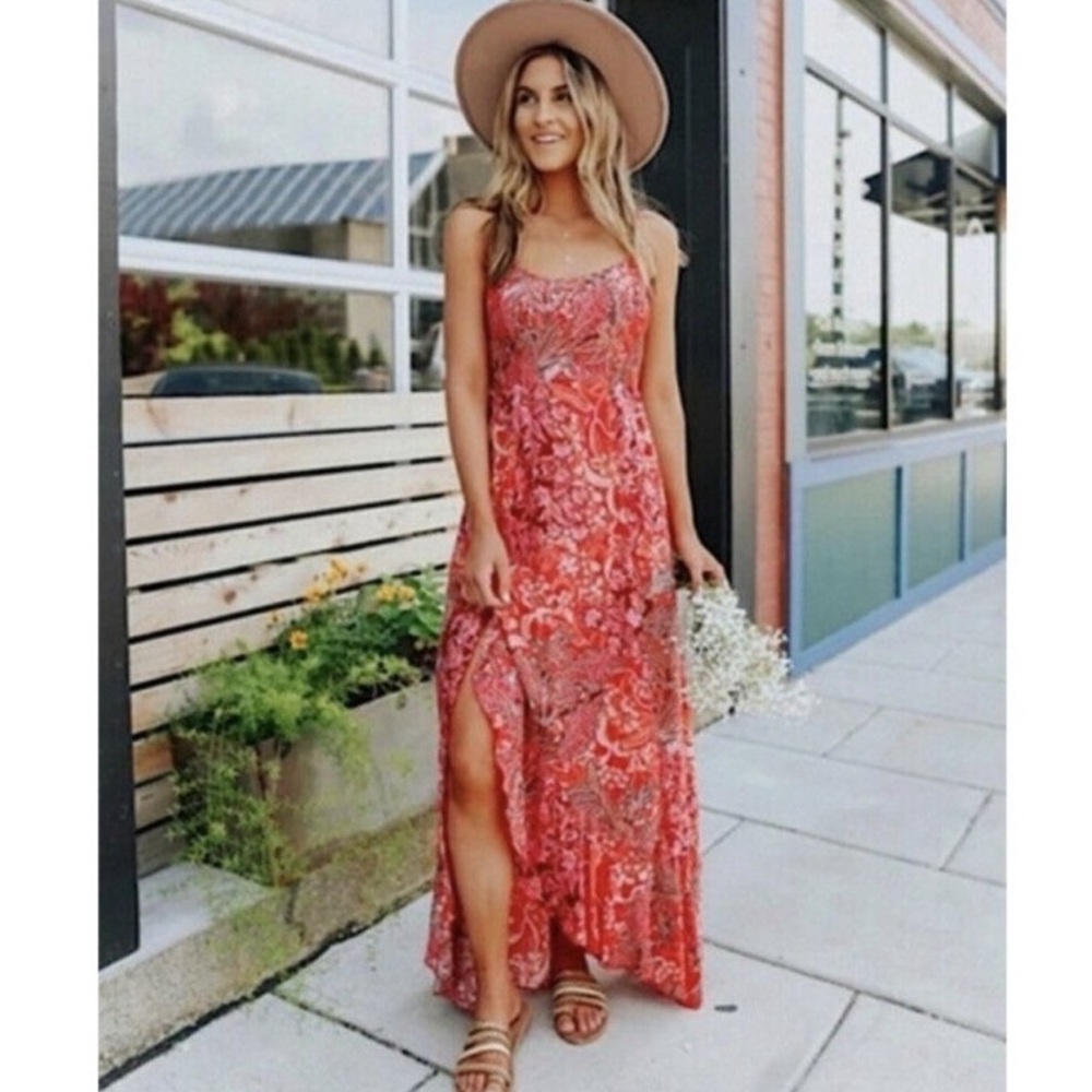 Free People Red Paisley Print Side Smocked Bodice Front Slit Maxi Medium
